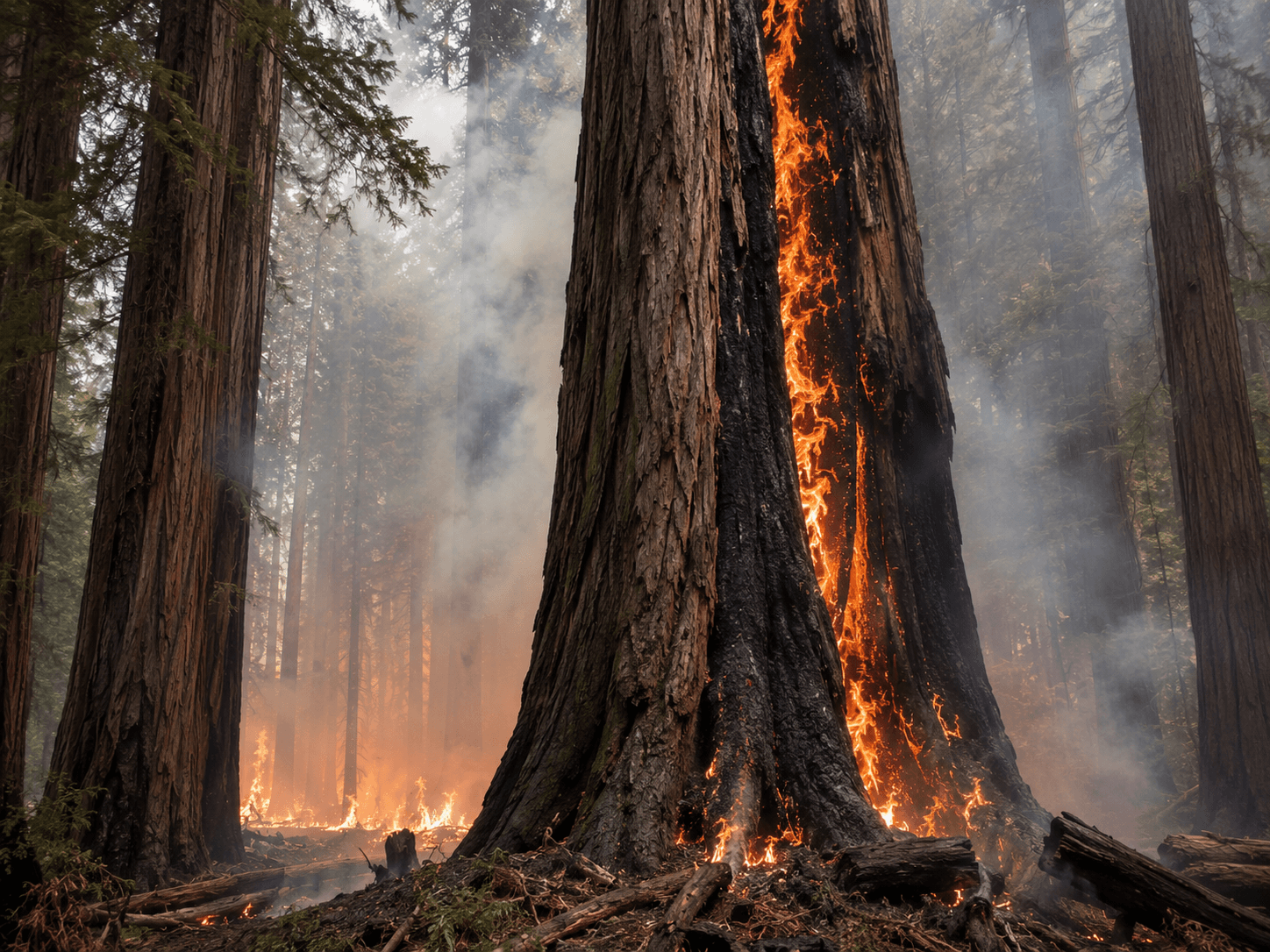 Giant sequoia and redwood trees in a California forest threatened by wildfire